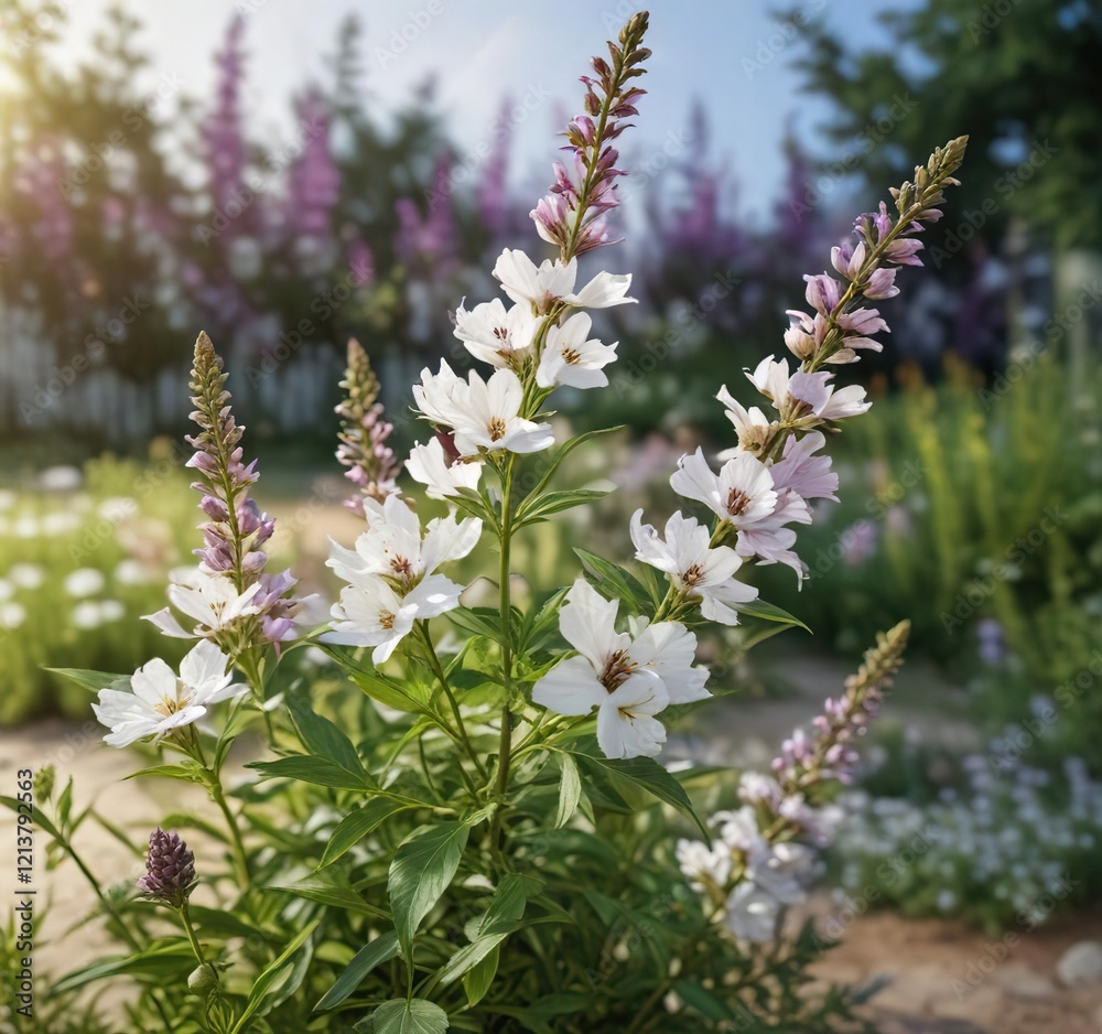 Obraz premium Vibrant white and violet agathosma betulina flower in the garden, botany, growth, greenery