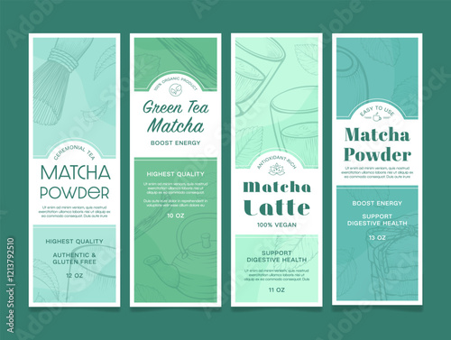 Labels of different grades of matcha powder, highlighting their superior quality and health benefits