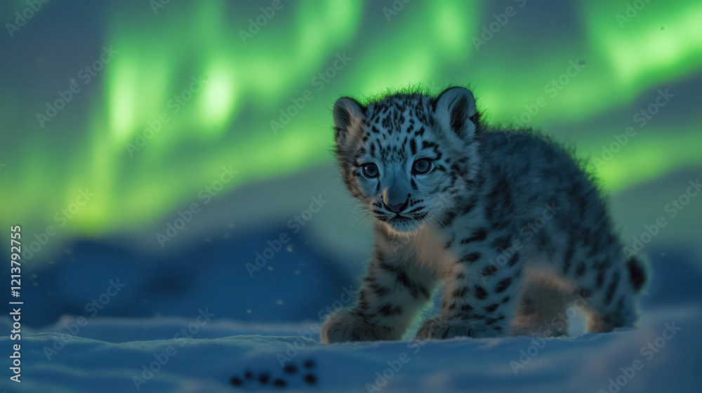 Obraz premium A dreamy photograph of a snow leopard cub playing under the Aurora Borealis in a snowy tundra. The vivid greens and purples of the aurora cascade down, reflecting on the icy terrain. The cubâ€™s playf