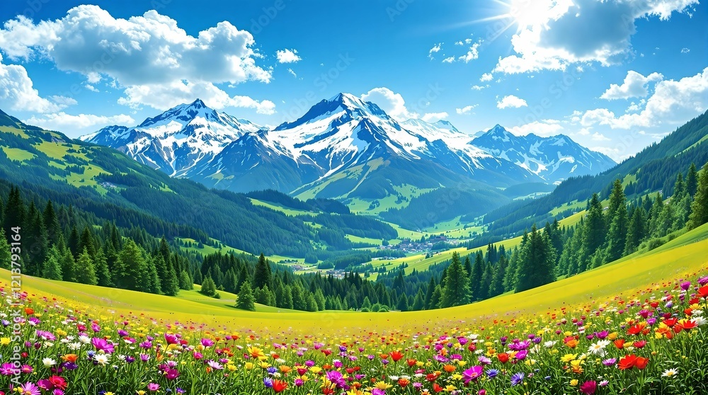 A breathtaking sunset over a lush alpine valley filled with vibrant wildflowers, surrounded by evergreen forests and majestic snow-capped peaks.