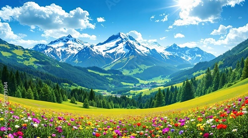 Obraz na płótnie A breathtaking sunset over a lush alpine valley filled with vibrant wildflowers, surrounded by evergreen forests and majestic snow-capped peaks. w salonie