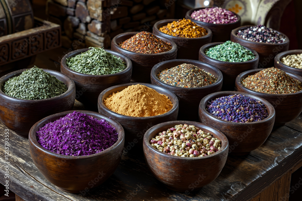 A wooden table topped with bowls filled with different types of spices A wooden table topped with bowls filled with different types of spices