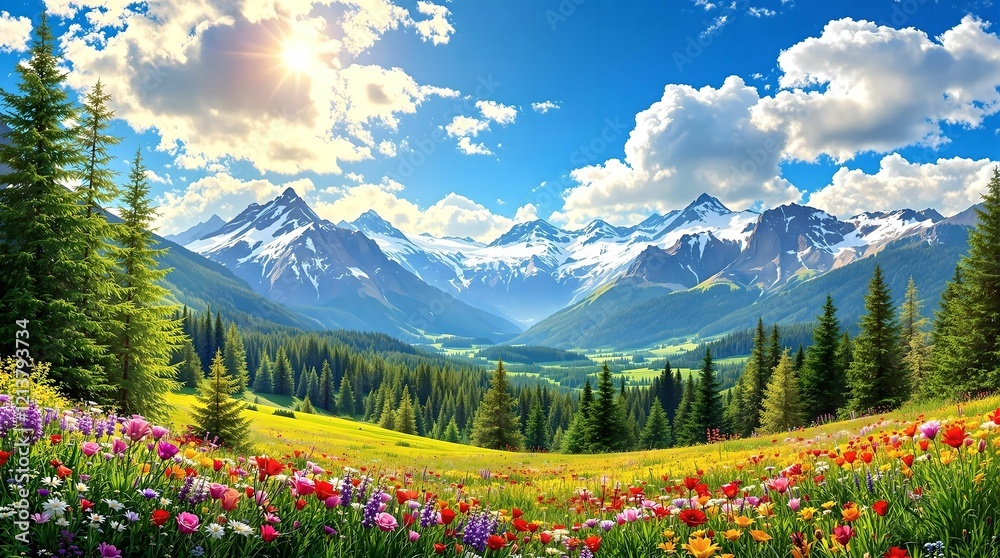A radiant alpine meadow in full bloom, framed by lush green trees and towering snow-capped mountains under a golden sunlit sky.