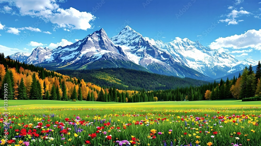 A vivid alpine meadow bursting with colorful wildflowers, nestled among lush green forests and rolling mountains under a brilliant blue sky dotted with fluffy clouds.