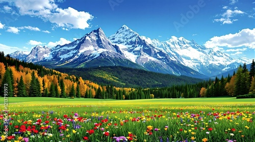 Obraz na płótnie A vivid alpine meadow bursting with colorful wildflowers, nestled among lush green forests and rolling mountains under a brilliant blue sky dotted with fluffy clouds. w salonie