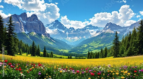 Obraz na płótnie A stunning alpine meadow filled with vibrant wildflowers, framed by dramatic rocky peaks and lush green forests under a radiant, golden sunlit sky. w salonie