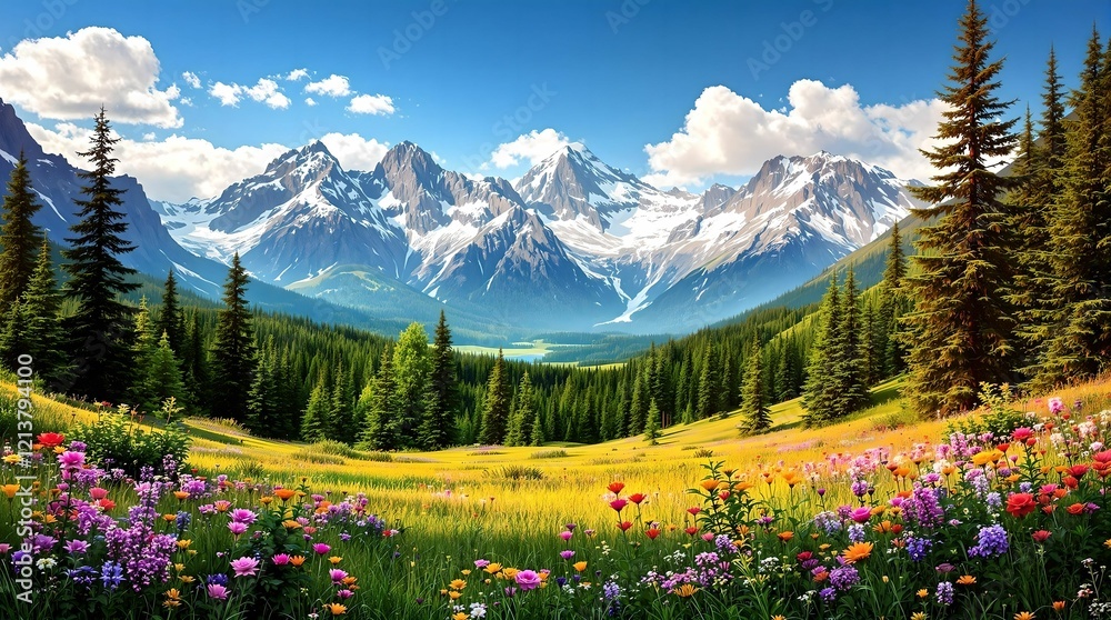 A breathtaking alpine meadow bursting with vibrant wildflowers, surrounded by golden autumn trees and majestic snow-capped mountains under a brilliant blue sky.