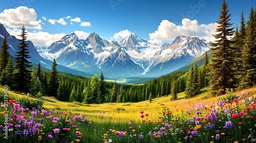 A breathtaking alpine meadow bursting with vibrant wildflowers, surrounded by golden autumn trees and majestic snow-capped mountains under a brilliant blue sky.