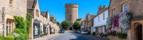Picturesque Street Scene with Medieval Tower in English Village