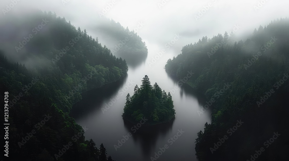 Obraz premium Misty river valley island aerial view, nature scene