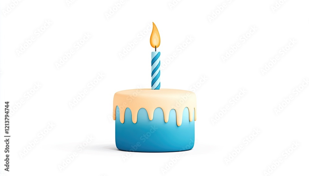 A vibrant birthday cake with a lit candle, set against a clean white background, ideal for celebrations A vibrant birthday cake with a lit candle, set against a clean white background, ideal for celebrations