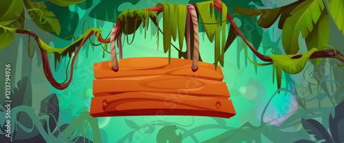 Wooden signboard hanging on ropes in tropical jungle environment. Brown planks among wild vegetation, lush leaves, vines and moss. Empty banner frame surrounded by forest foliage for game interface.