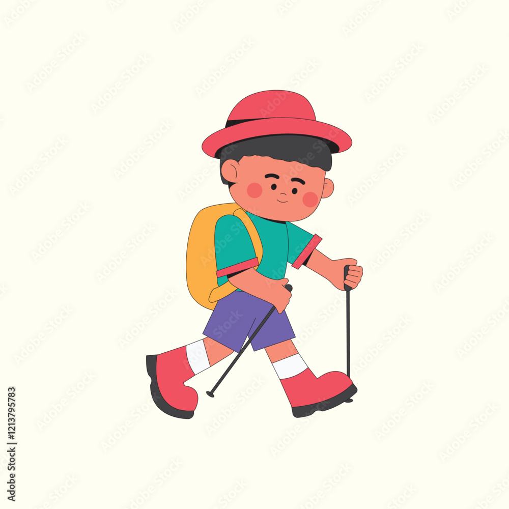 Boy walking with backpack and hat illustration Boy walking with backpack and hat illustration