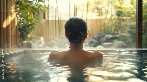 beautiful Japanese woman soaking in a hot spring