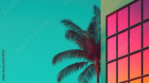 Tropical Palm Tree Silhouette Against Vibrant Pink and Teal Building