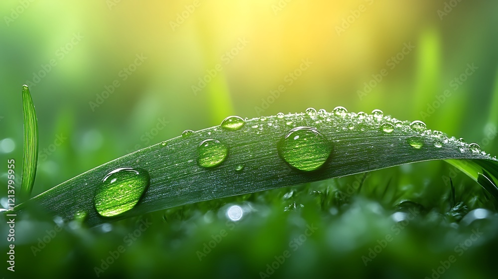 Dewdrops on a Green Grass Blade in Sunlight Dewdrops on a Green Grass Blade in Sunlight