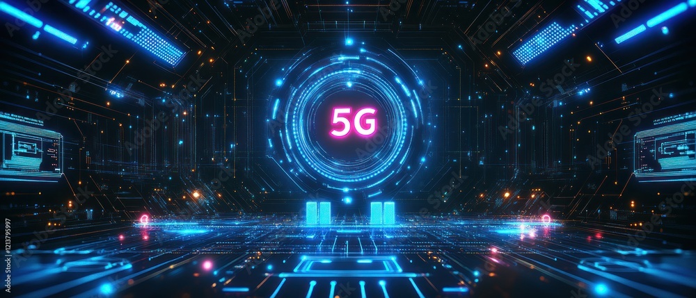 Fototapeta premium 5G technology hub with digital futuristic interfaces