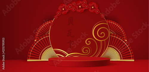 Round stage and asian fans on red background. Vector realistic illustration of product presentation platform with traditional oriental decoration, sakura flowers and hieroglyphs on New Year banner