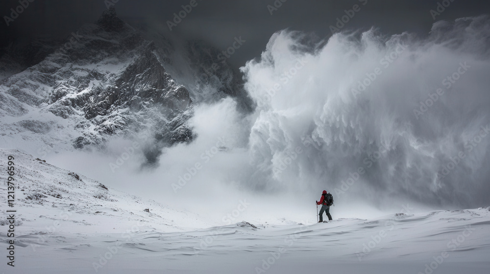 lone explorer stands in awe, observing massive avalanche cascading down rugged mountain under stormy sky lone explorer stands in awe, observing massive avalanche cascading down rugged mountain under stormy sky