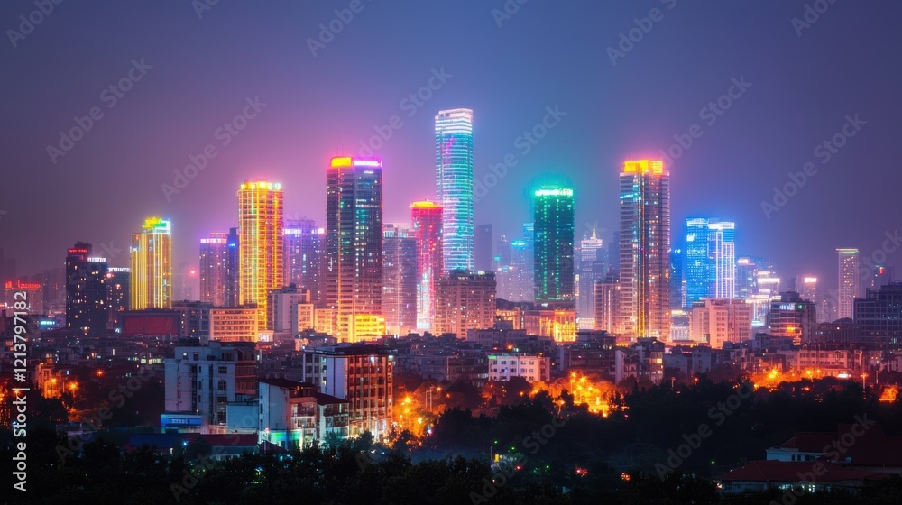 Fototapeta premium Vibrant Cityscape at Night Illuminated Skyscrapers and Urban Glow