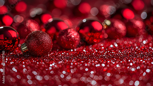 Close up of red glitter wallpaper texture with sparkling details for decorative backgrounds photo