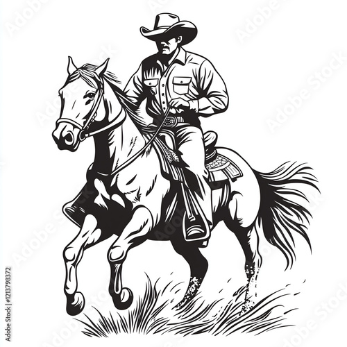 Black and white vector graphic of a cowboy riding a horse
