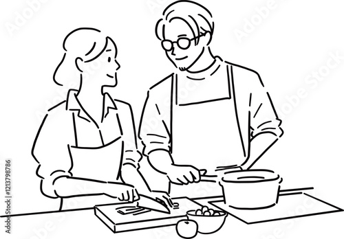 料理をしながら会話をする男女