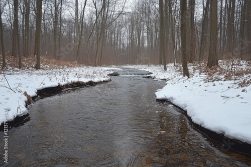 Natural splendor as a clear stream flows through a snowy woodland during the spring thaw. Generative Ai