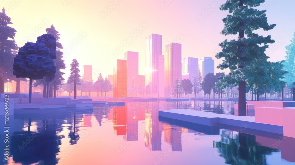 Obraz premium Low-poly city skyline reflected in calm water at sunrise.