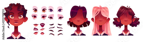 African woman face constructor set with diverse hairstyles. Collection of eyes, lips, brows expressions for young female cartoon character creation. Vector girl avatar diy building elements.