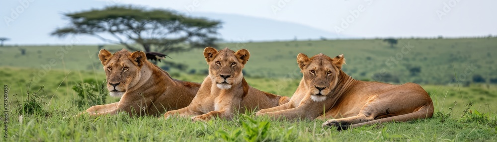 Three lions rest in a lush green landscape, showcasing their serene demeanor against a backdrop of rolling hills and trees. Three lions rest in a lush green landscape, showcasing their serene demeanor against a backdrop of rolling hills and trees.