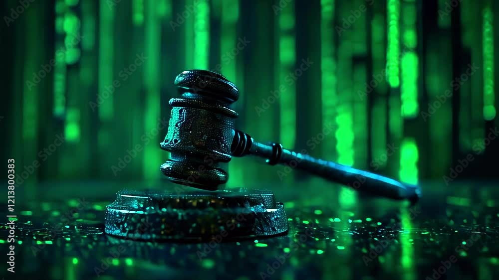 A gavel rests on a base, surrounded by a vibrant green digital backdrop.