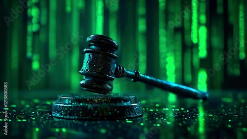 A gavel rests on a base, surrounded by a vibrant green digital backdrop.