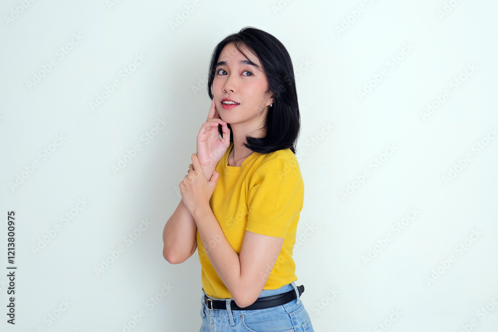 Asian young woman staring away thinking something Asian young woman staring away thinking something