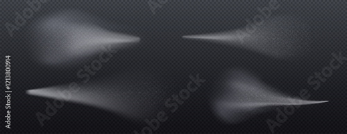 Vector water spray mist collection - realistic transparent dispersed droplets, foggy white splashes, different shapes and densities of aerosol clouds on dark background for cosmetic product effects.