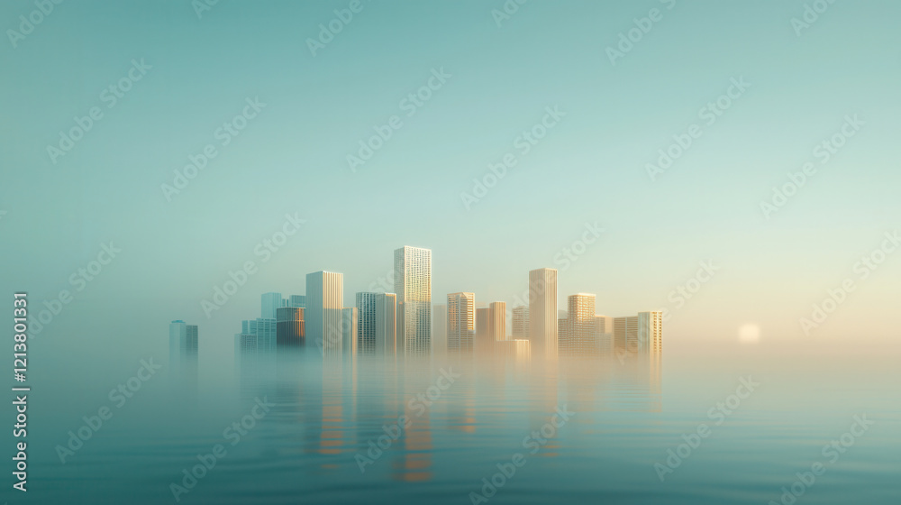Fototapeta premium serene cityscape with modern skyscrapers partially submerged in calm water, symbolizing rising sea levels and climate change