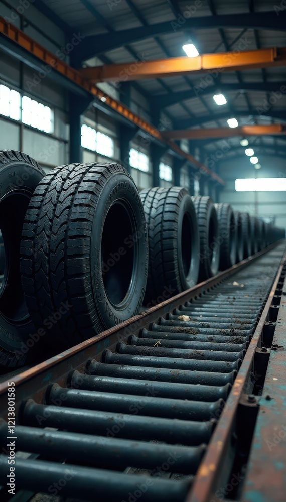 Fototapeta premium Modern tyre recycling plant Processed rubber, conveyor systems , waste, crumb rubber