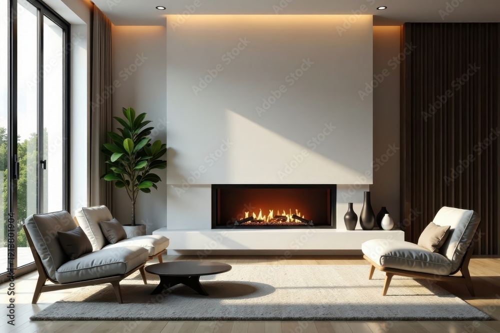Sleek minimalist fireplace, warm glow Modern living room design , fireplace surround, lighting Sleek minimalist fireplace, warm glow Modern living room design , fireplace surround, lighting