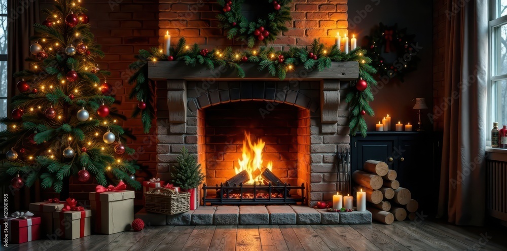 Rustic Christmas fireplace with burning fire & evergreen wreath , winter, home decor