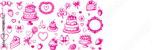 Hand drawn coquette elements for Valentines day, wedding invitation, birthday card. Cute girly bows, hearts, ribbons, cherry, cake, heart frame, strawberry. Vintage elegant vector illustration