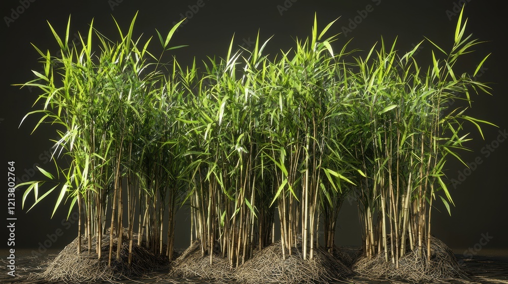 Fototapeta premium A bunch of green bamboo plants are growing in a dirt patch. Generative AI