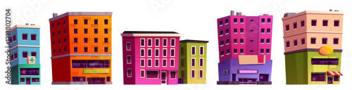 Shopping street buildings set - colorful urban architecture elements with drugstore, apartments, retail spaces. Cartoon houses with storefronts, windows and commercial signs. Town center skyscrapers.