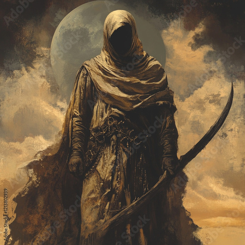 Mysterious hooded figure with a scimitar under a large moon.