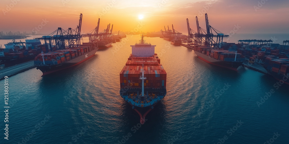 Obraz premium Global health and economic growth in pandemic recovery shipping industry operations maritime environment aerial view