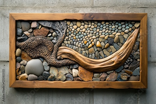 River rock and driftwood mosaic artwork in wooden frame on gray wall. photo