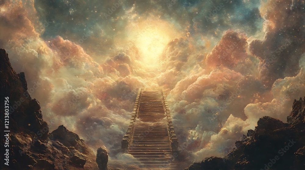 Glowing Jacob's ladder leading towards celestial light framed by divine clouds Glowing Jacob's ladder leading towards celestial light framed by divine clouds