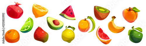 Summer fruit collection with citrus slices, ripe pomegranate, juicy watermelon, fresh avocado, yellow lemon, golden banana, sweet peach and tropical kiwi pieces for seasonal healthy food menu design.