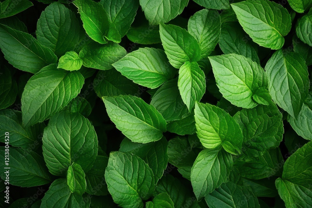 Lush green mint leaves, garden backdrop, texture, food