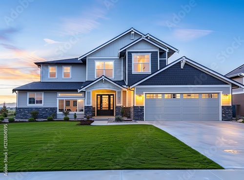 A beautiful two story home with a grey and white colo photo