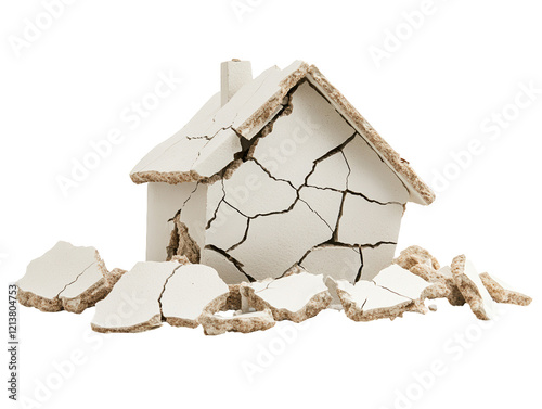 Abandoned dilapidated house with broken windows and overgrown weeds, a desolate scene of decay photo